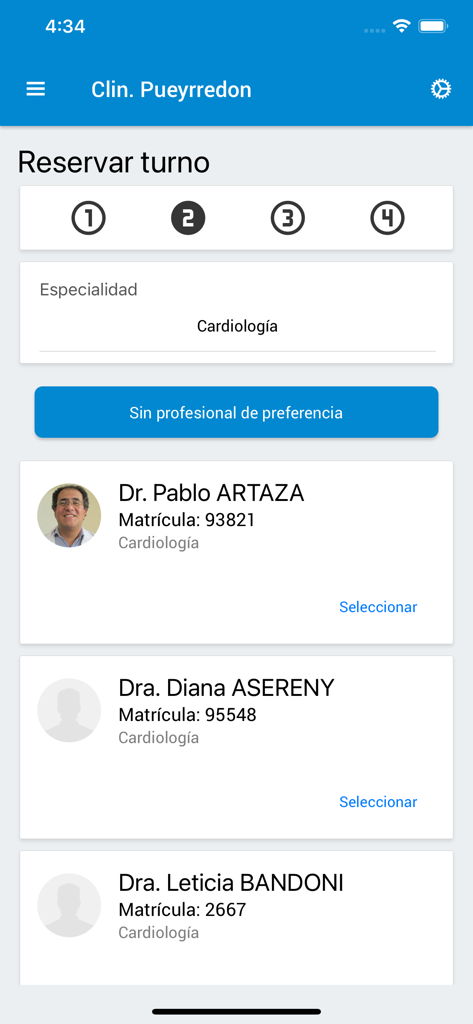 Clinica Pueyrredon - Clinica Pueyrredon app screen for selecting a cardiology professional to book an appointment