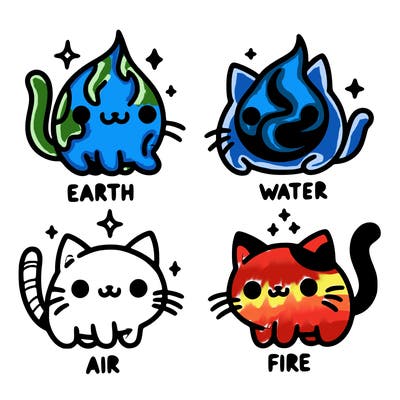 4 cats that represent the different elements, earth, water, air, and fire