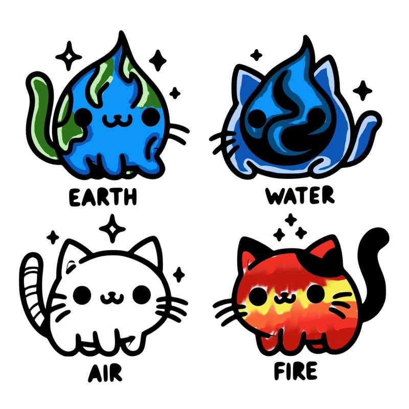4 cats that represent the different elements, earth, water, air, and fire