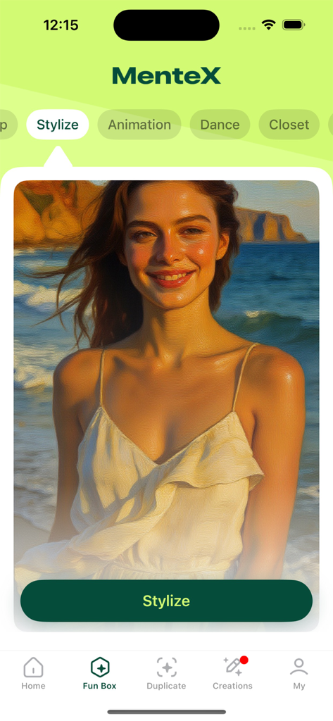 MenteX - Captura de tela do aplicativo MenteX mostrando o recurso de estilização de fotos por IA com um retrato artístico de uma mulher na praia