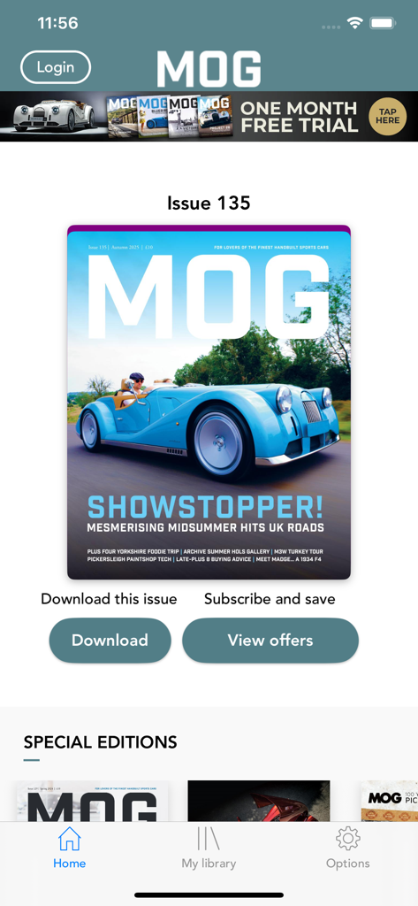MOG Magazine app home screen showing Issue 135 cover with a blue Morgan sports car