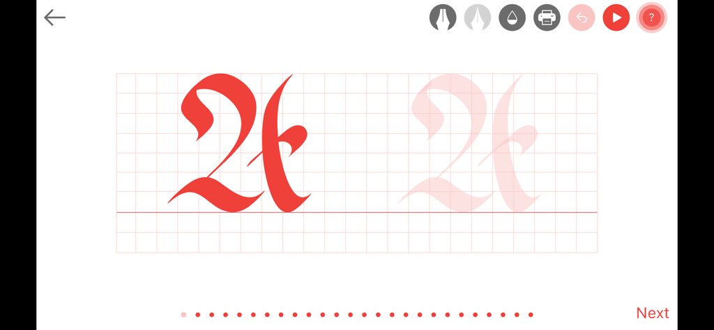 Gothic Fraktur - Tela de prática de caligrafia digital mostrando uma letra gótica vermelha em um layout de grade