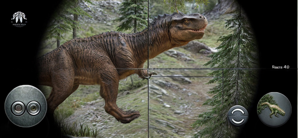 Sniper Wild Animal Hunting 3D - Sniper scope view of a T-Rex in a 3D forest environment