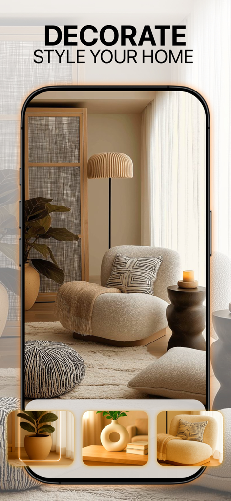 A mobile screen showing the Deco AI app with a luxury living room interior design and the text Decorate Style Your Home.