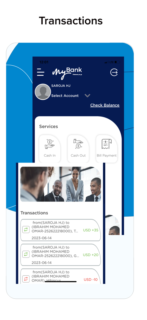 Interface of the MyBank Agency mobile app displaying a list of recent transactions and banking services