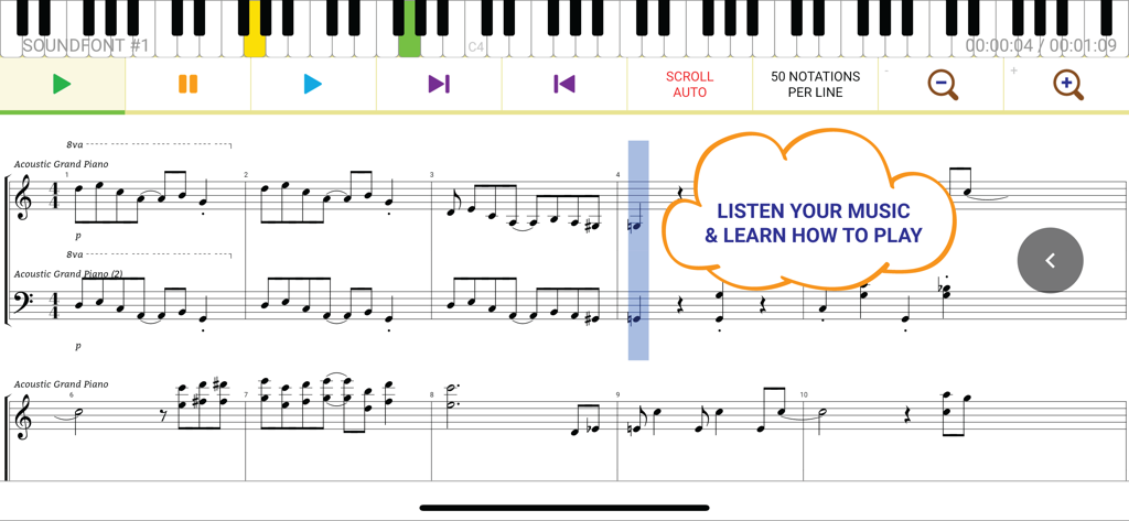 Maestro - Music Composer - Maestro app interface showing sheet music notation with a virtual piano keyboard and playback controls for learning and listening