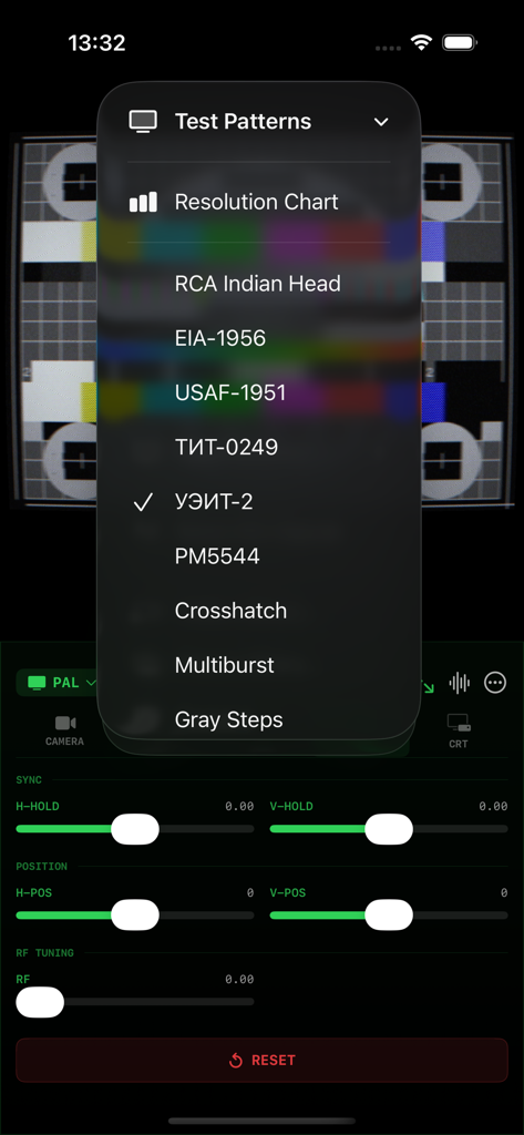 AnalogTV - AnalogTV app interface showing a list of professional test patterns and CRT signal controls