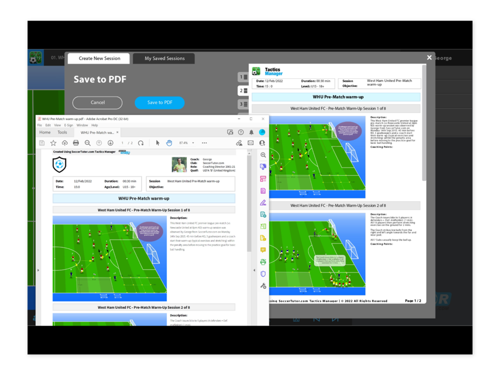 Um plano de sessão de treino de futebol profissional exportado para um documento PDF com diagramas de campo 3D