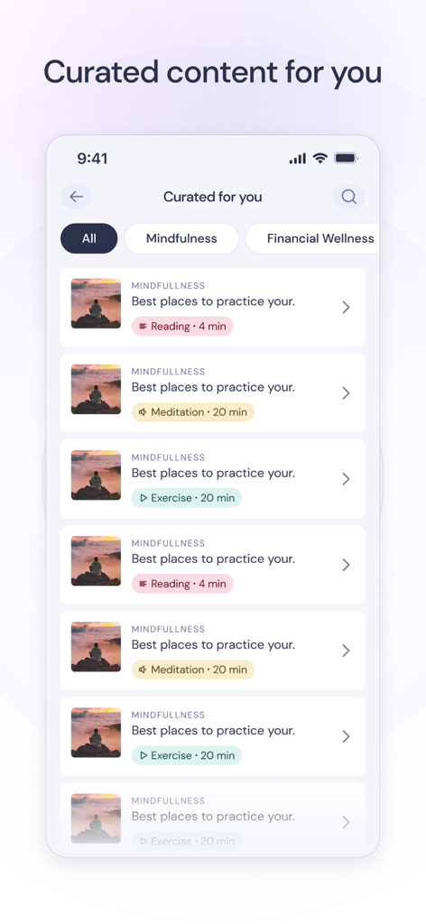Balancy - Écran de l'application Balancy affichant des ressources personnalisées sur la pleine conscience et le bien-être financier