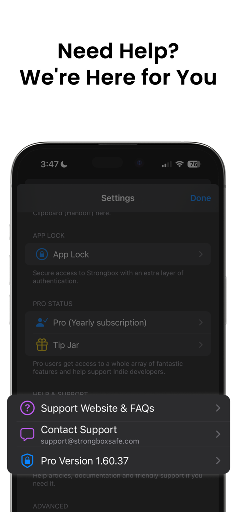 Strongbox - Password Manager - Menu d'aide et de support de l'application Strongbox avec des liens de contact et de FAQ