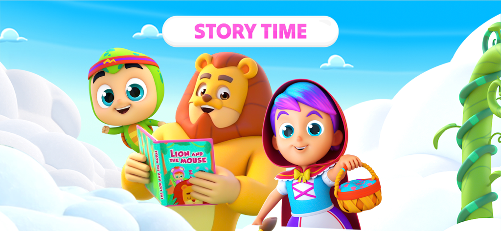 Cartoon characters including a lion, a turtle, and a girl in a red hood reading a book under a Story Time banner.