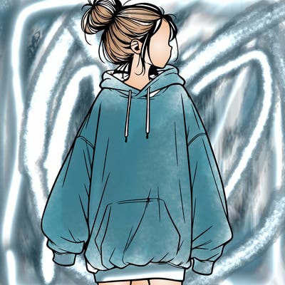 realistic girl with a oversized sweatshirt on and a bun
