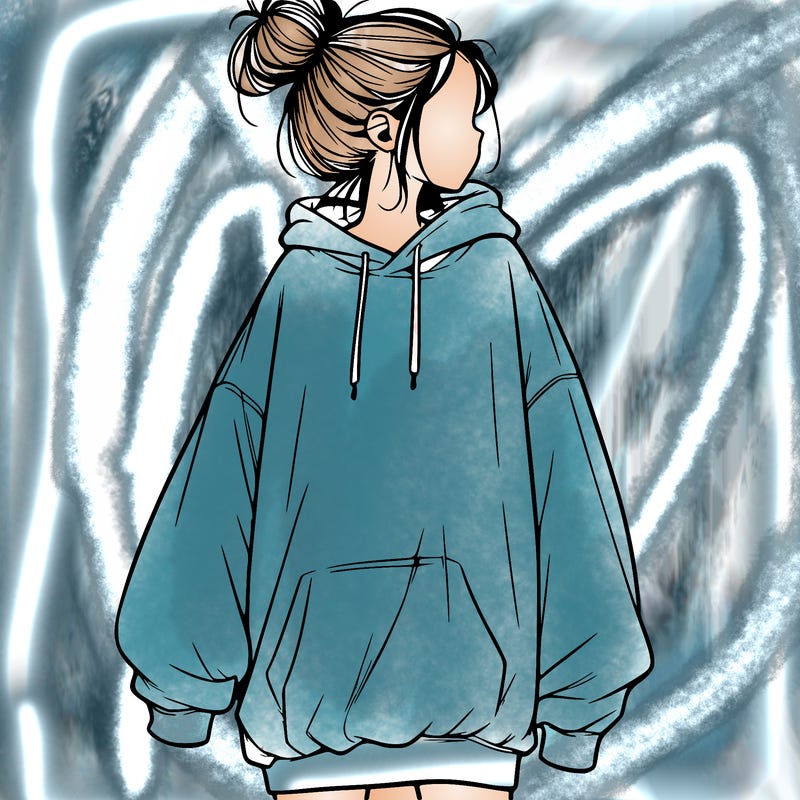 realistic girl with a oversized sweatshirt on and a bun