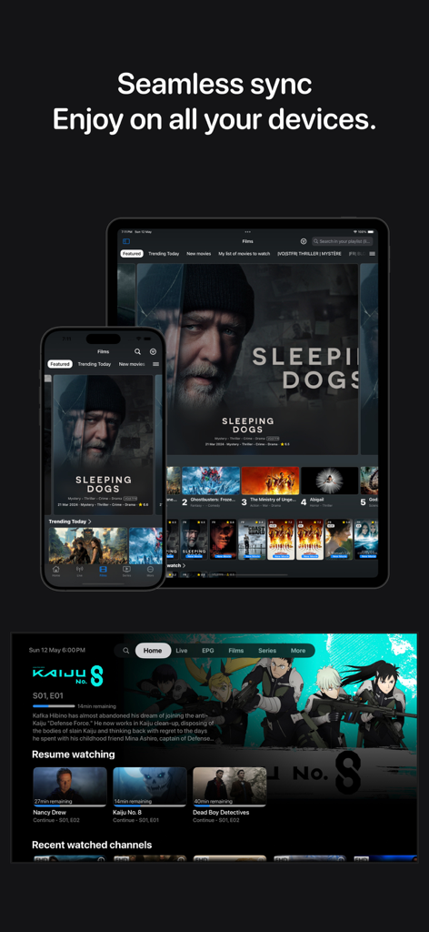 IPTV+: My Smart IPTV Player - IPTV Plus App-Oberfläche, die nahtlose Inhalts-Synchronisierung zwischen iPhone, iPad und Apple TV zeigt