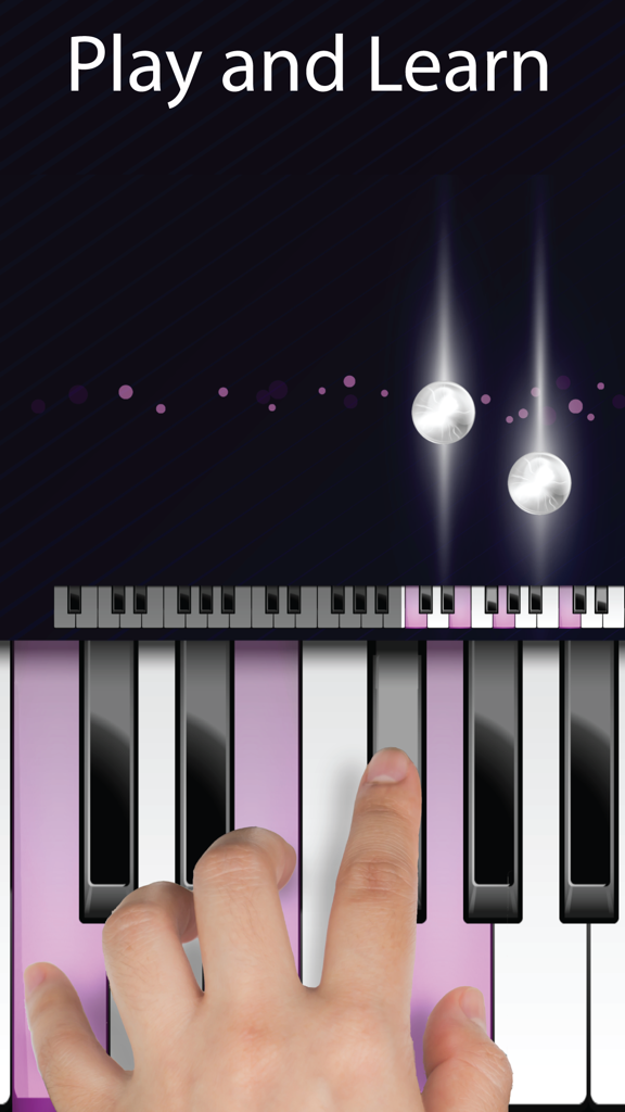 Piano With Songs- Learn to Play Piano Keyboard App - Una mano che suona una tastiera di pianoforte digitale con tasti evidenziati e note musicali che cadono su uno schermo.