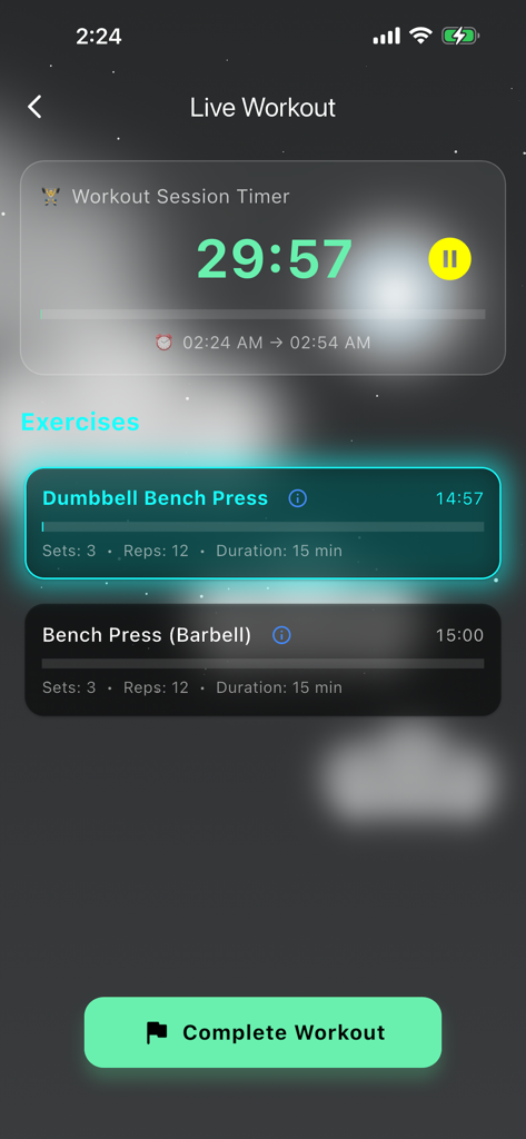 Live workout session timer and exercise tracker interface in the Gym Master app