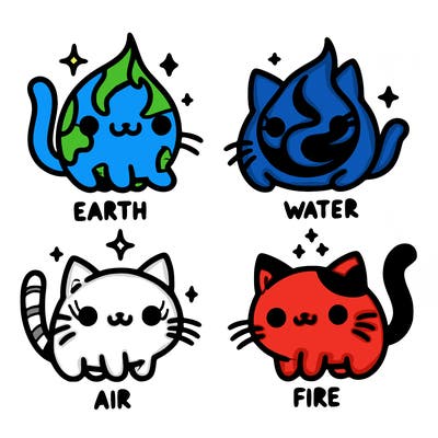 4 cats that represent the different elements, earth, water, air, and fire