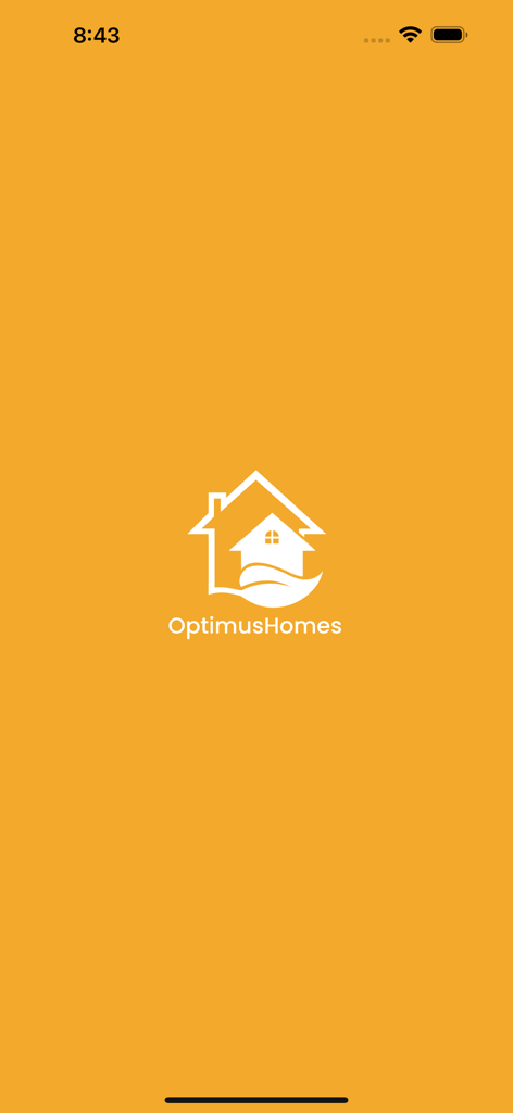 Optimuzhomez real estate app splash screen featuring a white house logo on a yellow background