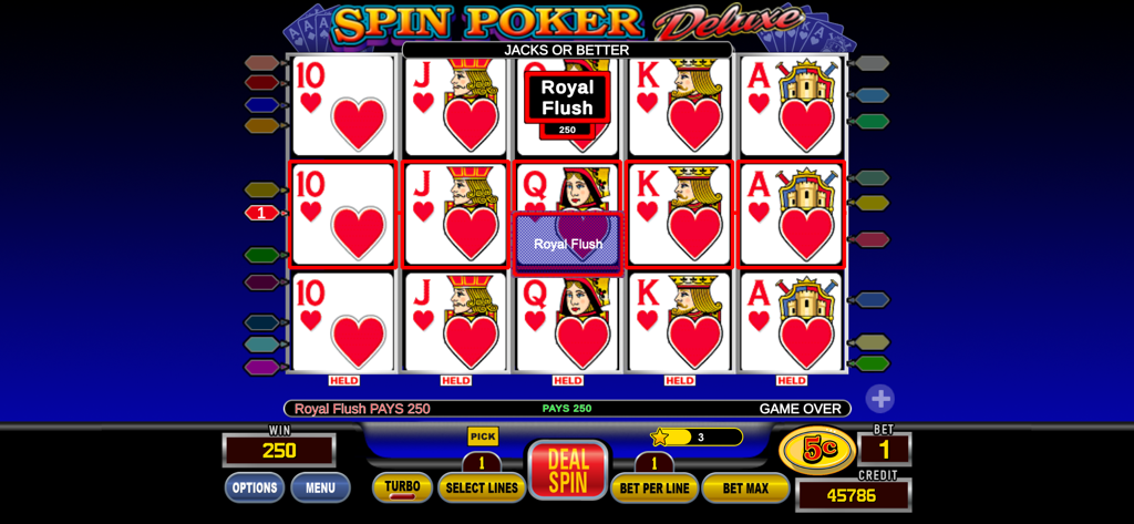 Spin Poker™ - Casino Games - A screenshot of Spin Poker Deluxe video poker showing a winning royal flush hand with hearts.