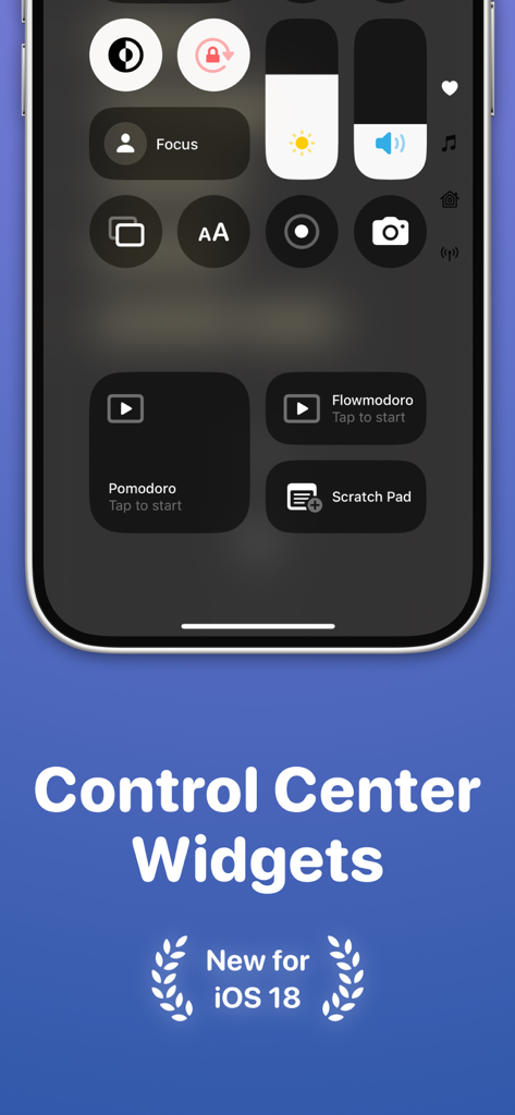 Focused Work - Pomodoro Timer - Widgets de l'application Focused Work dans le centre de contrôle iOS avec des raccourcis Pomodoro Flowmodoro et Bloc-notes