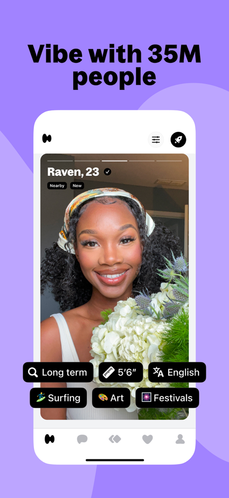 Hily dating app profile screen showing a verified female user with her interests and the text Vibe with 35M people