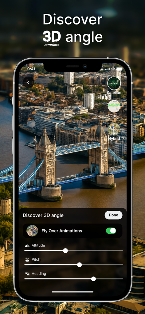 Live Earth Map - Live Camera - Tela de smartphone mostrando uma visualização de satélite 3D da Tower Bridge em Londres com controles de altitude e inclinação da câmera