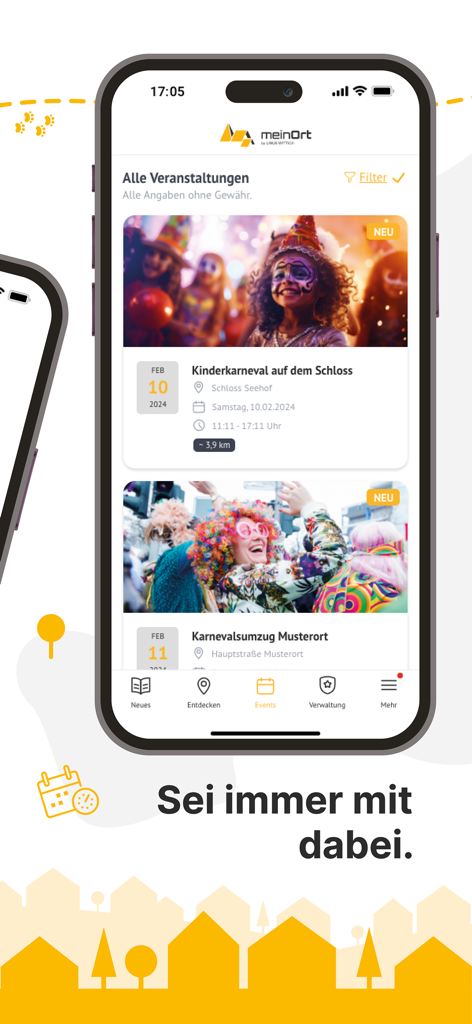 meinOrt - The meinOrt app interface displaying local community events like children's carnival and parades.