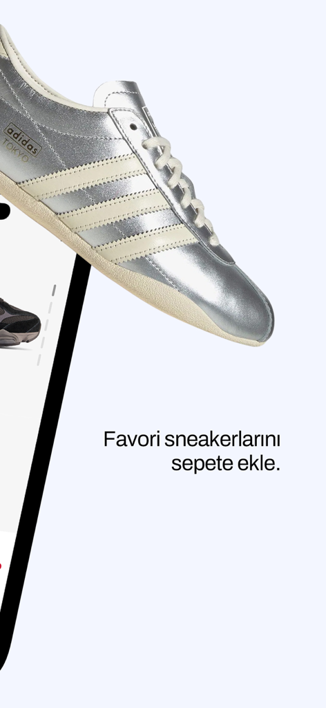 House of SuperStep - House of SuperStep 모바일 앱에서 쇼핑 콜투액션이 포함된 실버 아디다스 도쿄 스니커즈