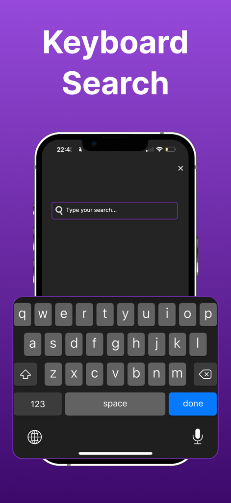 Oberfläche der Remote for Roku App, die die mobile Tastatursuchfunktion zeigt