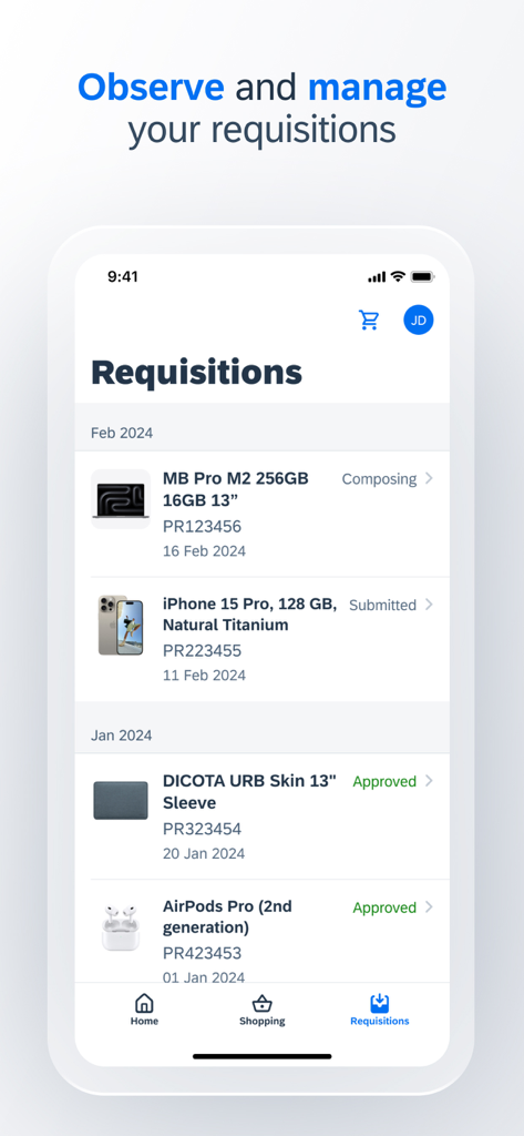 SAP Ariba Shopping - Pantalla de la aplicación SAP Ariba Shopping mostrando una lista de solicitudes de compra corporativas y su estado actual.