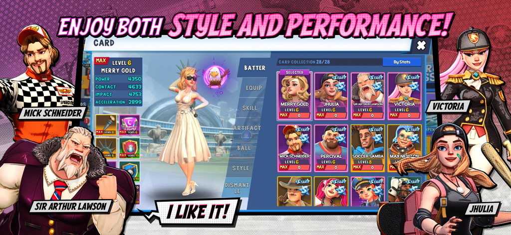 Homerun Clash - Character card collection screen in Homerun Clash showing different batters and their performance stats