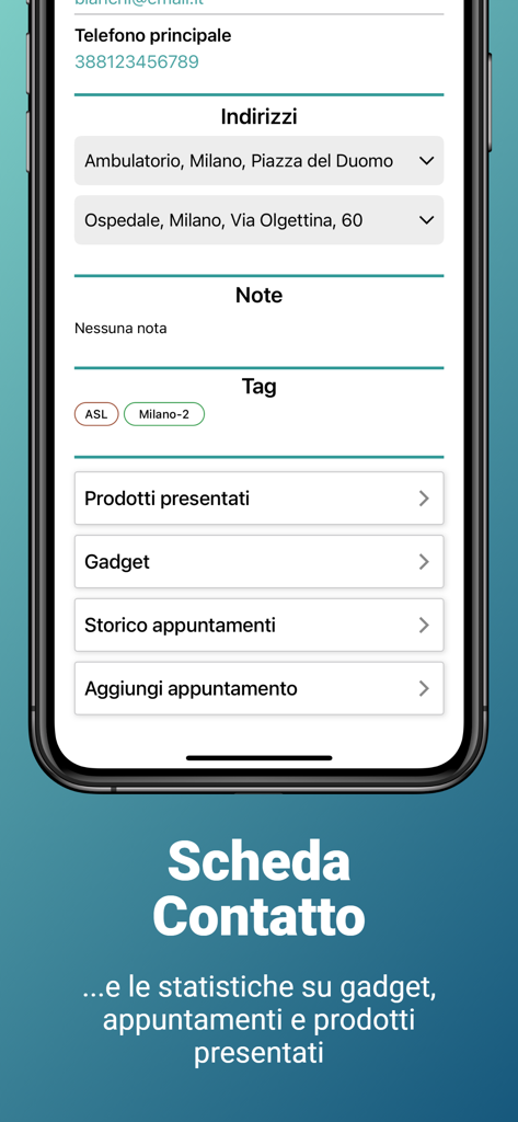 ISF Agenda Lite - A contact card screen in the ISF Agenda Lite app showing phone number, addresses, tags, and meeting statistics for pharmaceutical representatives.