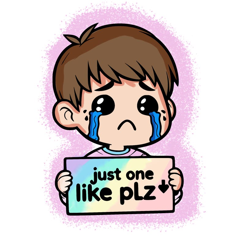 realistic crying boy with a sign saying just one like plz