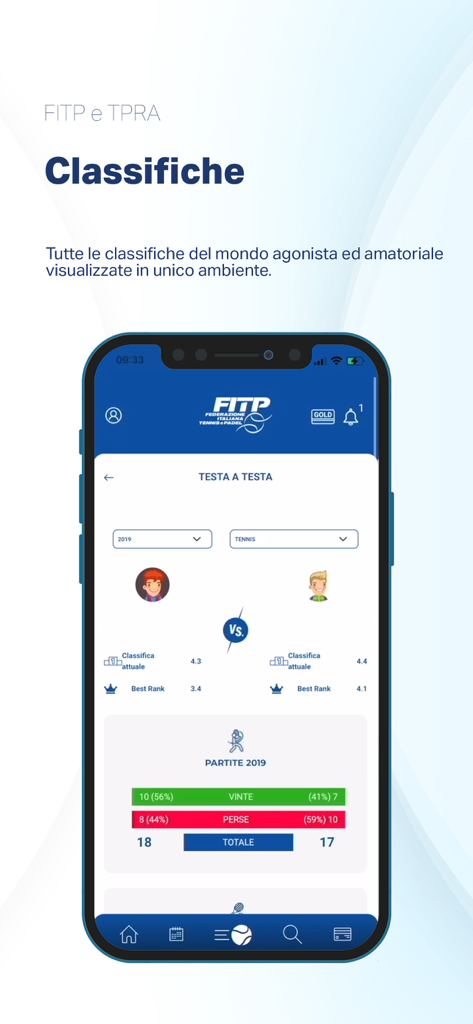 MyFITP - L'app MyFITP mostra un confronto delle classifiche testa a testa e statistiche delle partite per giocatori di sport di racchetta