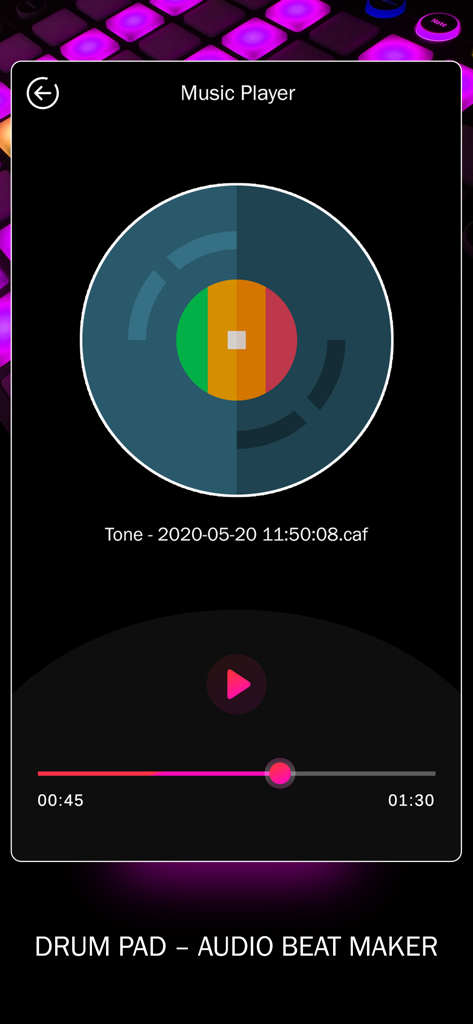 Drum Pad - Audio Beat Maker - Screenshot of the music player interface in the Drum Pad Audio Beat Maker app showing a playback screen with a colorful vinyl graphic