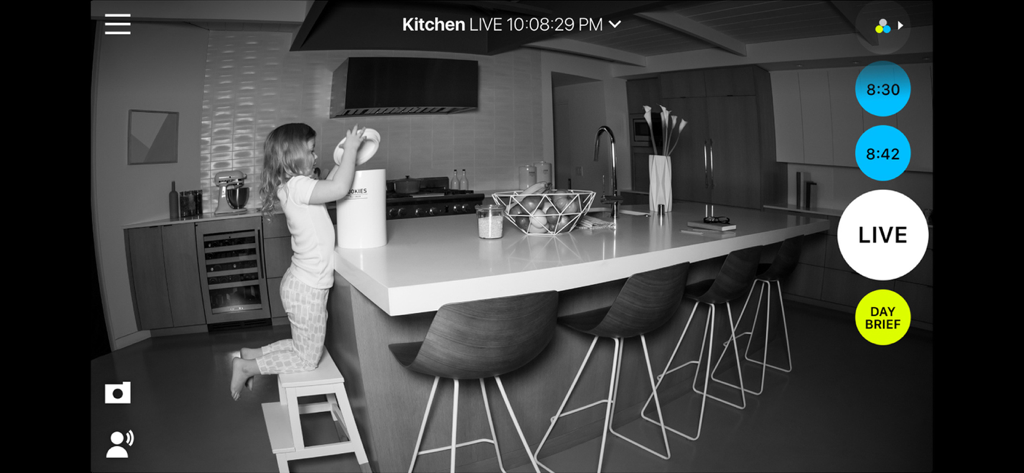 Una vista nocturna en directo desde la aplicación Logi Circle que muestra a un niño en una cocina por la noche.
