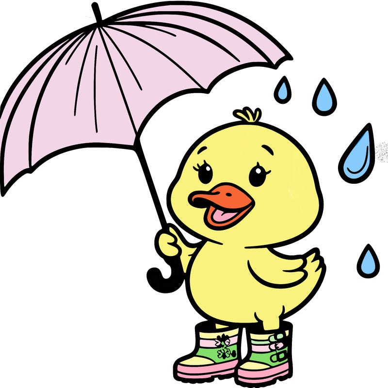 a duck with rain boots and an umbrella