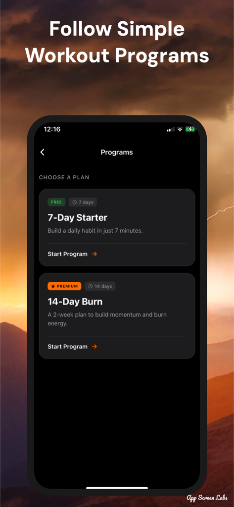 7-Minute Workout by ExpressFit - Una pantalla móvil de la aplicación ExpressFit que muestra programas de entrenamiento disponibles como Iniciador de 7 Días y Quema de 14 Días.