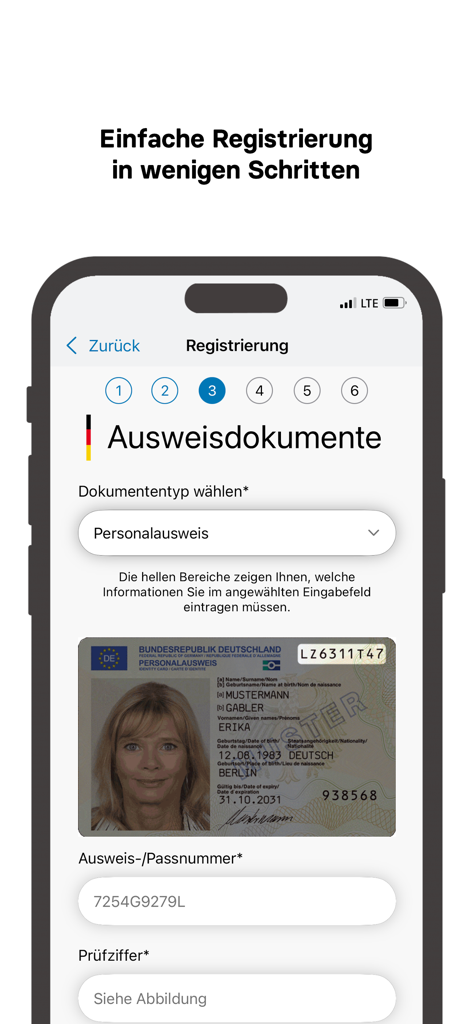 Bildschirm der Elefand-App mit dem Registrierungsprozess zur Verifizierung deutscher Ausweisdokumente.