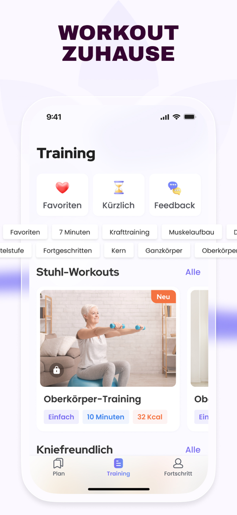 Fit 50+ : Workout & Stuhl Yoga - Tela do aplicativo Fit 50 plus mostrando treinos na cadeira e exercícios para a parte superior do corpo para idosos.