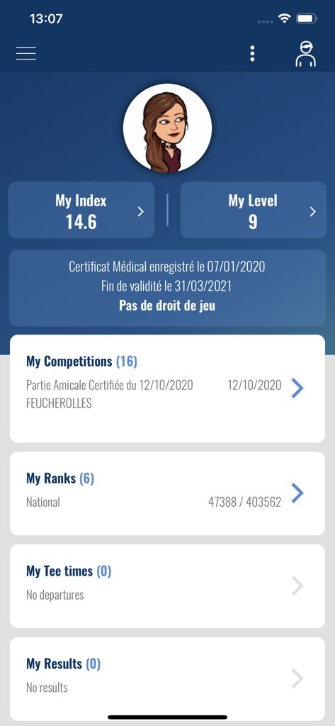 ffgolf - User profile dashboard in the ffgolf app showing golf handicap index and performance stats