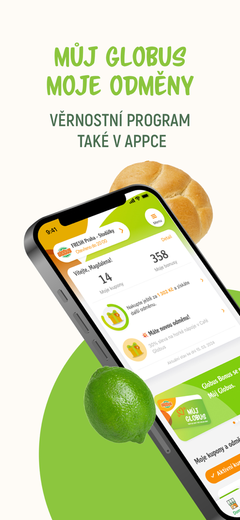 Muj Globus app dashboard showing loyalty program points and discount rewards