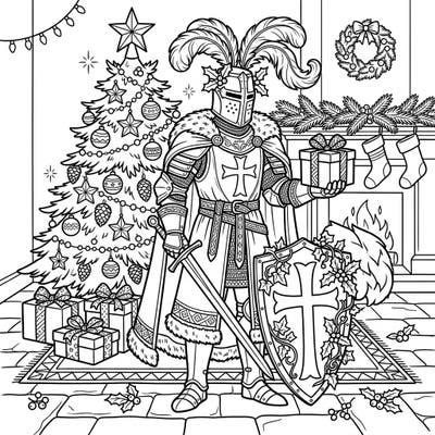 Step into a unique holiday world with this captivating coloring page featuring a valiant Crusader Knight celebrating Christmas. Adorned in his armor and surrounded by festive decorations, this design offers a magical blend of history and holiday cheer.
