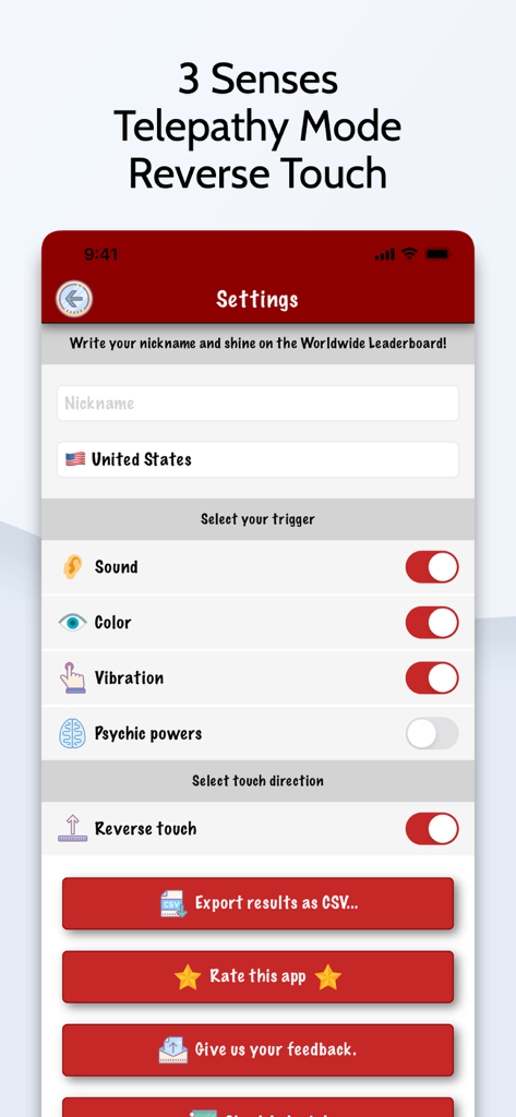 Fast Reflex - Test your BRAIN - Fast Reflex app settings screen showing options for sound color vibration and telepathy mode triggers