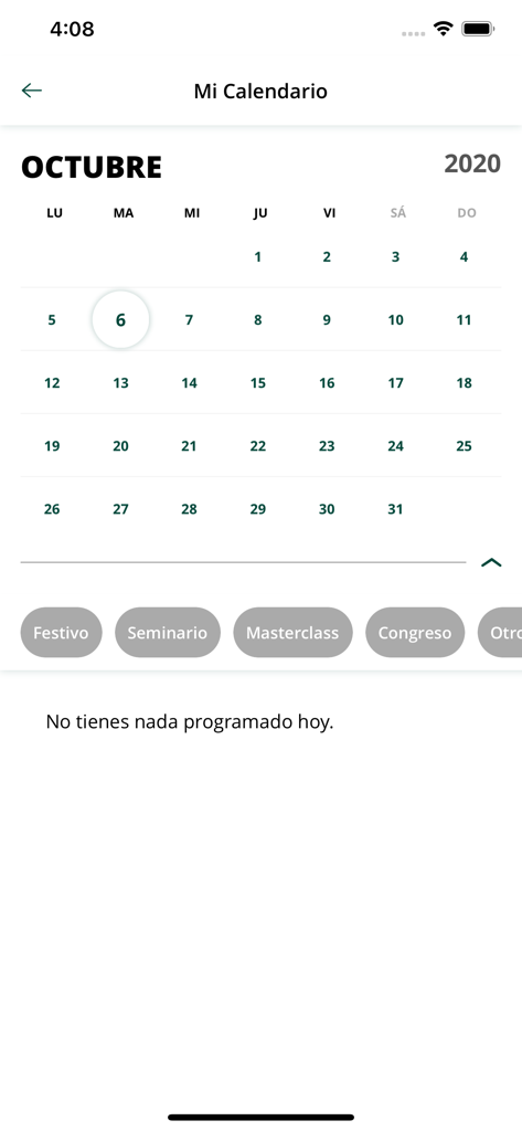 Interfaz de la app móvil UNED mostrando el calendario académico de octubre con categorías de eventos para estudiantes.