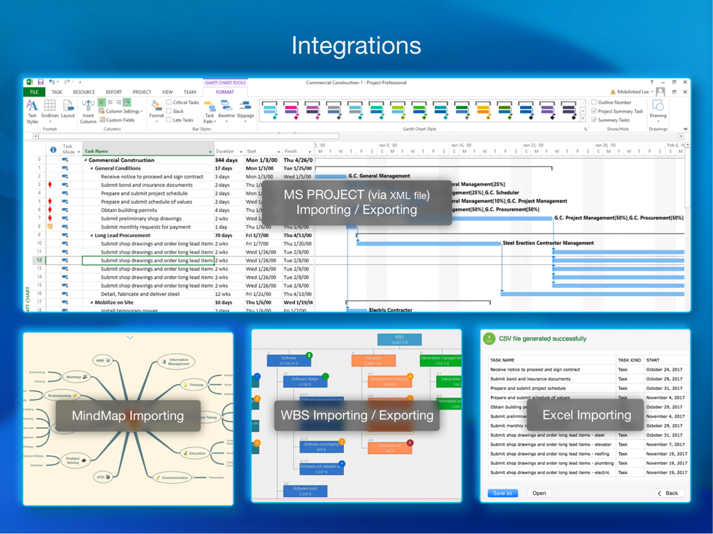 QuickPlan Basic - Project Plan - Overview of QuickPlan integrations showing MS Project XML, MindMap, WBS, and Excel import and export options.