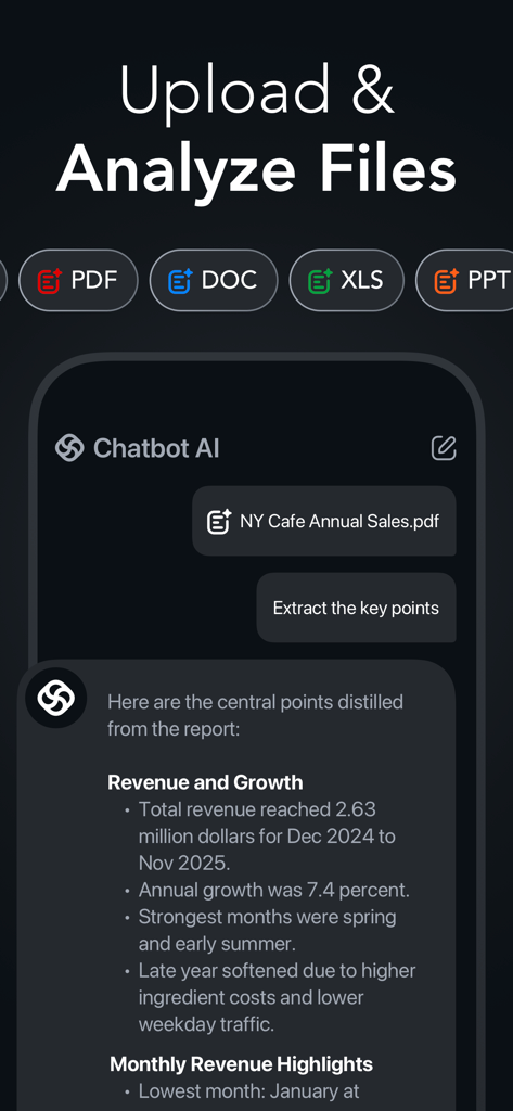 Captura de pantalla de la interfaz de la aplicación Chatbot AI mostrando un informe de ventas en PDF que se está resumiendo con puntos clave sobre ingresos y crecimiento.