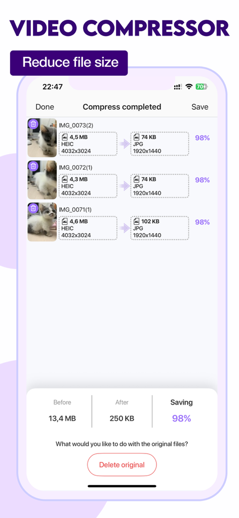 Video Compressor & Reduce size - Mobile interface showing batch photo compression results with 98 percent reduction in file size