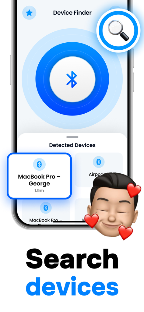 Mobile app interface of a Bluetooth finder showing a proximity signal radar and a list of detected devices.