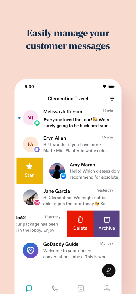 GoDaddy Conversations - Inbox - A smartphone screen displaying the GoDaddy Conversations unified inbox with customer messages and message management options like star delete and archive